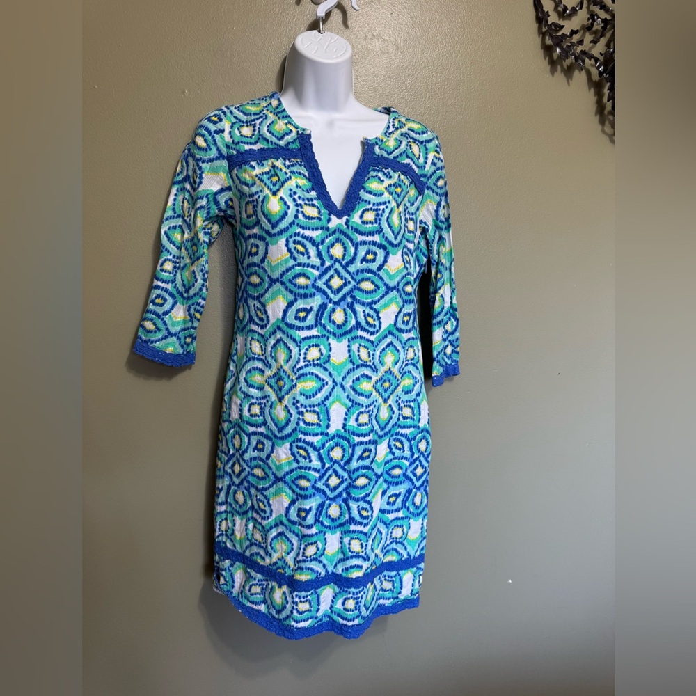 Vineyard Vines Ikat Medallion blue‎ green print dress 0